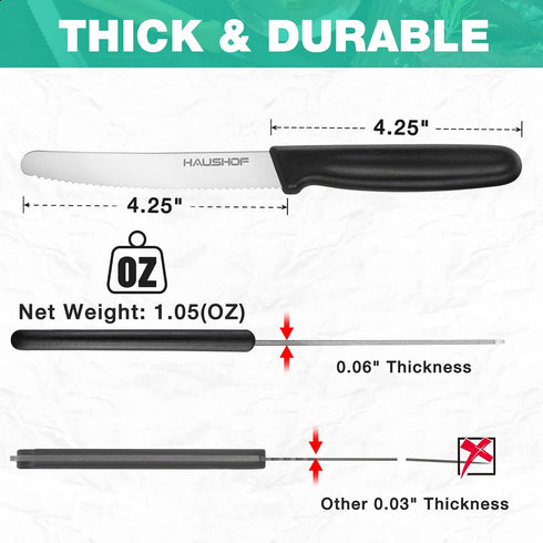 HAUSHOF Set of 8 Serrated Steak Knives, Premium Stainless Steel with Gift Box, Black Handle