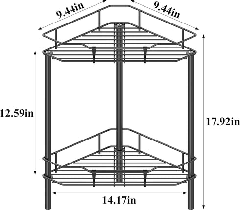 HuggieGems 2 Tier Floor Standing Corner Shower Caddy Organizer Shelf with Hooks, Bathroom Shelves Stand Rack, Matt