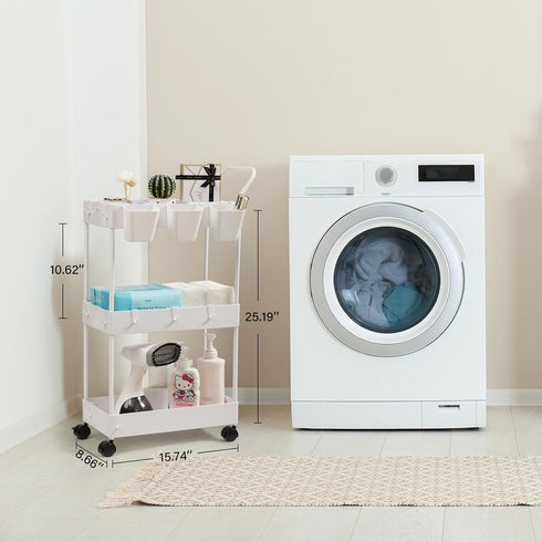 3 danpinera Storage Cart on Wheels, Tier Slim Laundry with Wheels Bathroom Organizer with Hanging Cups Hooks Dividers