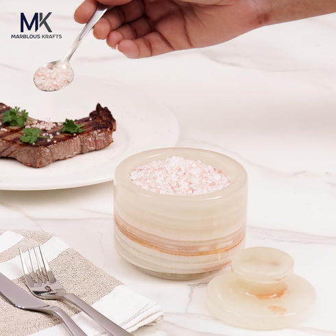 3 Inch MARBLOUS KRAFTS Marble Salt Cellar White Onyx Salt Holder With Lid for Spice Jar & Stone Salt Container, Modern