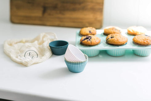 The Silicone Kitchen Reusable Silicone Baking Cup, Muffin Liners for Cupcakes, BPA Free, 12 Pack, White Blue Green