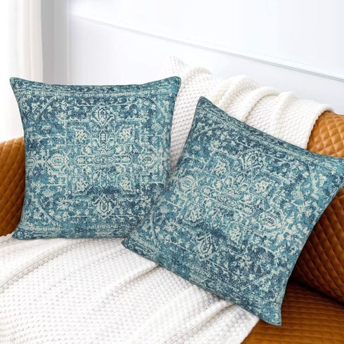 Teal Boho Pillow Covers Set of 2, 22x22 Outdoor Decorative Throw Pillows, Rustic Farmhouse Cushion Cases
