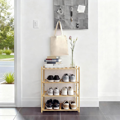 4 Small Shoe Rack, Multipurpose Tier Shoe Organizers RackSmall Bamboo Shelfs for Shoes, Plants, Books, Living Room
