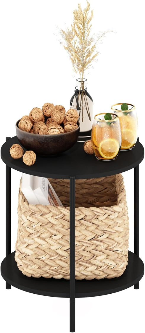 2-Tier 15.55 10.58 5.46 inches, Furinno Besi Modern Round Side End Table with Sturdy Metal Legs, (W) x (H) x (D)