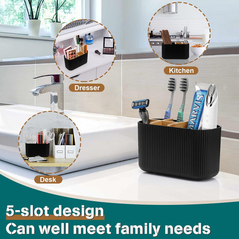 Black Bamboo Toothbrush Holder for Bathrooms, Electric Toothbrush Organizer for Kids and Family Countertop
