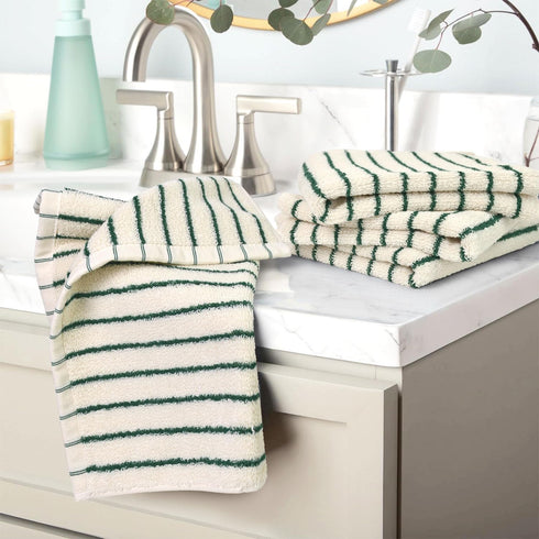 4 Pack, 13 13 Jacquotha Striped Cotton Washcloths x - Soft Wash Cloths for Bathroom, Kitchen, Gym, Face, Green