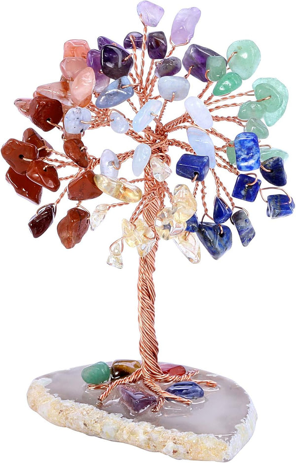 Jovivi Natural 7 Chakra Healing Crystals Tree on Agate Slice Base, Healing Stones Gem Money Tree for Feng Shui Home