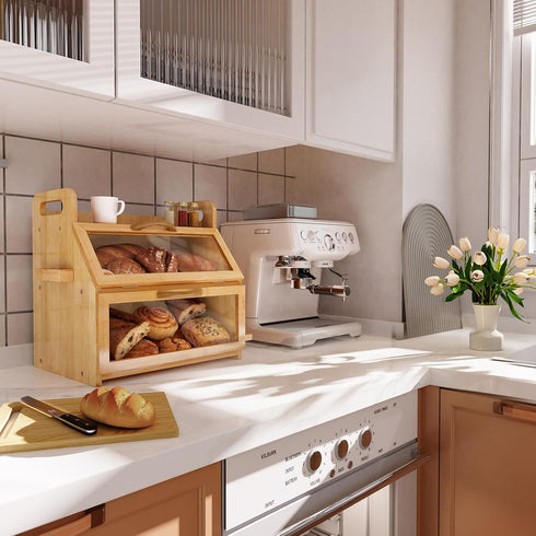 Required(14.9" 11" 15.3") BAMBANG Extra Large Bread Box, Double Layer Bread Box for Homemade Bread, Bamboo Wooden Bread