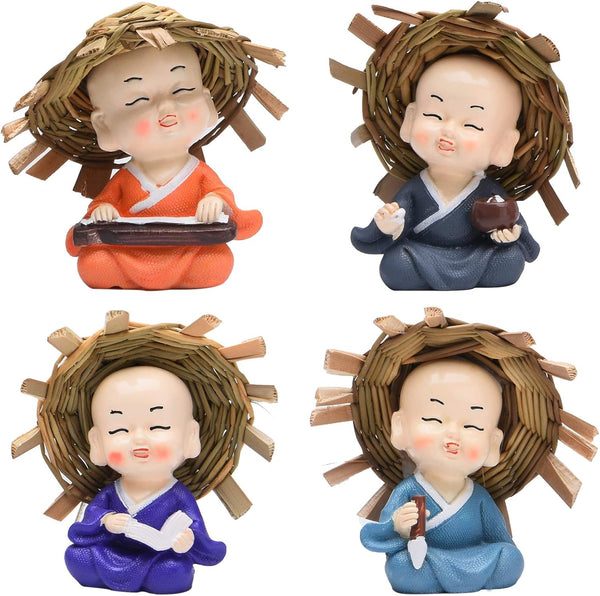 Brass Statu BRABUD Resin Smile Monk - Holding Chinese Zither, Chess Book, Paintbrush Statues for Home Decor