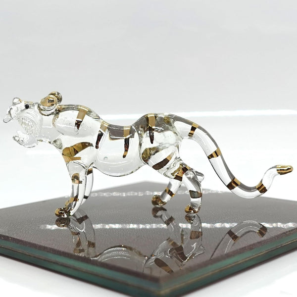 Tiger Miniature Figurines - Hand Blown Glass Art Animals Collectible Gift for Home Décor (Clear Gold)