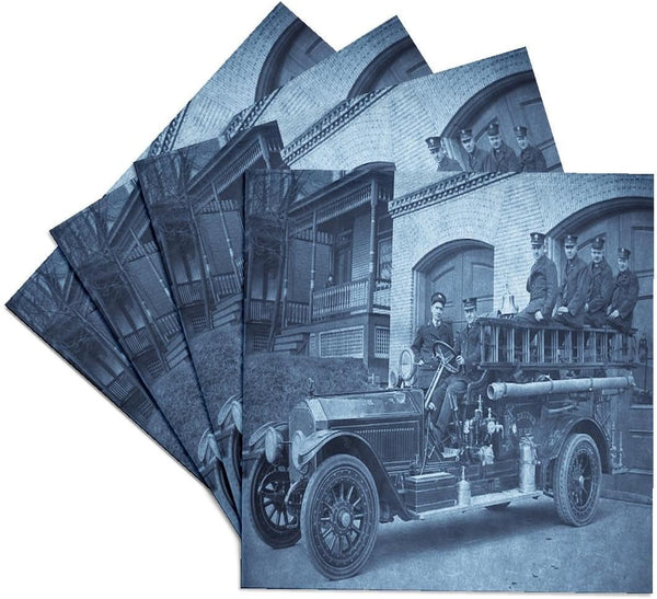 3dRose Early 1900S Pumper Fire Truck and Firemen Cyan-Ceramic Tile Coasters, Set of 4