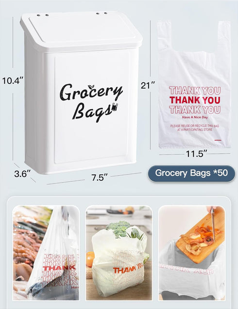 50pcs Metal White Magnetic Grocery Bags Holder, Farmhouse Wall Mount Plastic Bag Holder with Shopping Bags, Trash Bag
