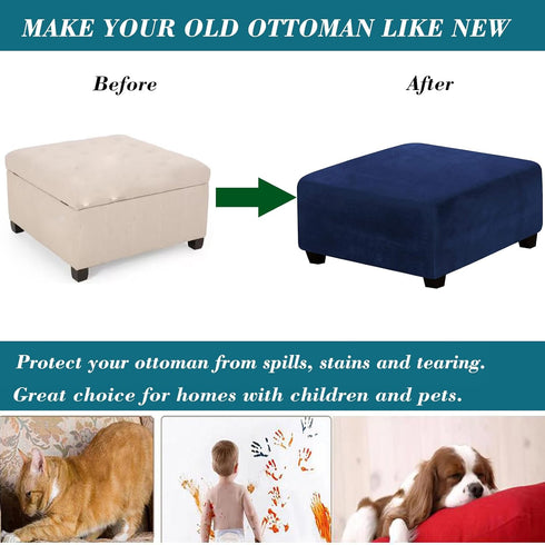 HFCNMY Ottoman Cover, Blue Medium - Stretch Velvet Square Slipcover for Living Room Storage Ottoman, Washable, Elastic