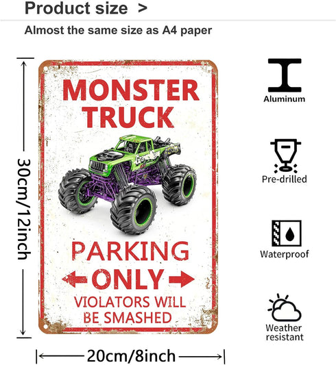 Jinfuteng 8x12 Inch Monster Truck Parking Only Metal Sign, Boys Bedroom Monster Truck Parking Wall Decor, Birthday