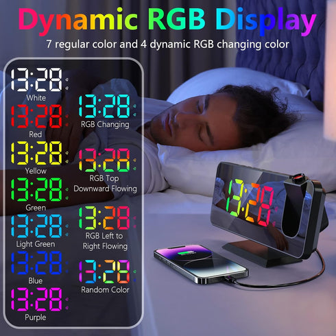 Projection Alarm Clock for Bedroom Ceiling, 180° Rotatable Projector, 7.4” Mirror RGB Digital LED Display, Dual Alarm