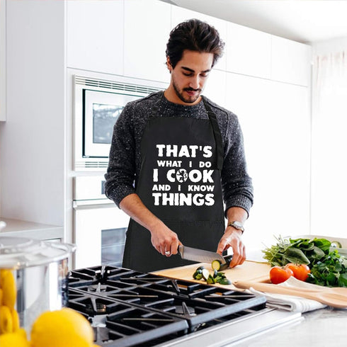 Rosoz Funny BBQ Black Chef Aprons for Men, Adjustable Kitchen Cooking Aprons with Pocket, I Cook and I Know Things,