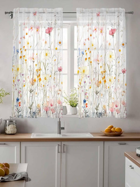 Yomandocix 45 Inch 27.5"x45" 2 Spring FlowersSheer Kitchen Tier Curtains Length, Botanical Florals Cafe Window