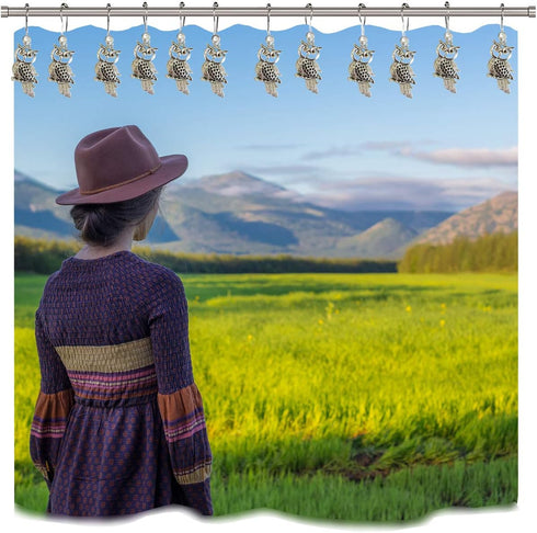 Country Shower Curtain Hooks Set of 12 - Rust Proof Brushed Nickel Rings with Owl Pendant Accessories