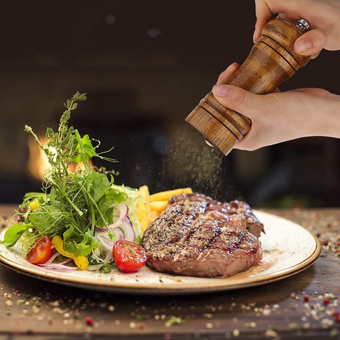 8 Inch Oak Wooden Pepper Mill Grinder - Refillable with Adjustable Coarse to Fine (1 Pack)