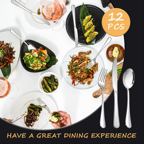 SANTUO Stainless Steel Silverware Set, 12pcs Knives, Spoons, Forks for Home, Kitchen and Restaurant, Mirror Polished &