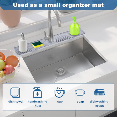 Longer Sink Splash Guard Mat, 33 inch Silicone Faucet Handle Drip Catcher Tray for Kitchen Bathroom Countertop (Grey)