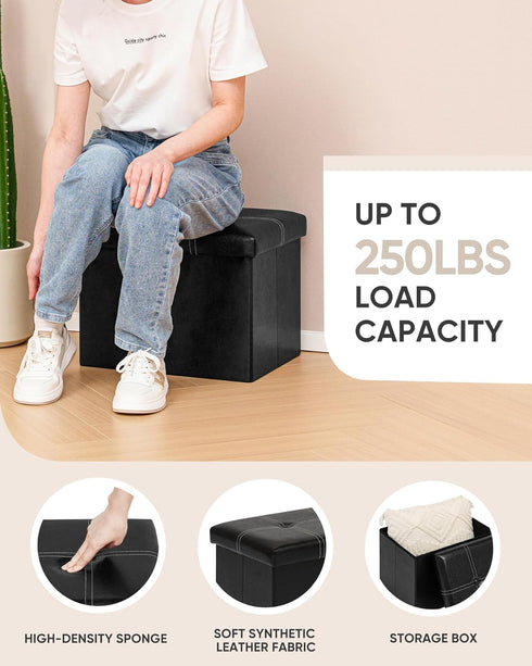 16.5"x12.6"x12.6" B FSOBEIIALEO Folding Storage Ottoman Cube, Faux Leather Footrest Seat Coffee Table, Black