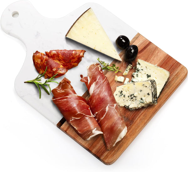 Marble and Acacia Wood Cutting Board, White Cheese Board with Handle, 13 x 8.5 Inch