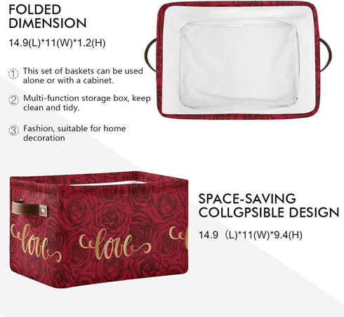 senya Valentine's Day Large Storage Basket, Foldable with Handles, Romantic Rose Fabric Organizer Bag