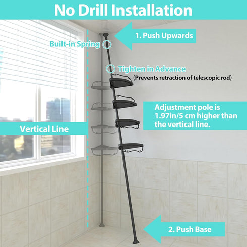 39-125 Inch 4 Corner Shower Caddy, Adjustable Height With ABS Shelves, Drill Free Organizer, Layer Rustproof Metal