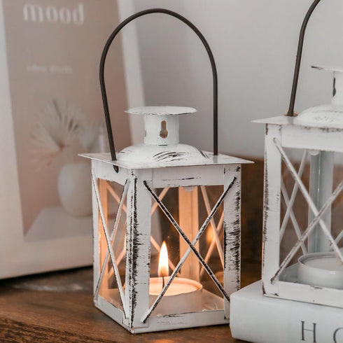 Kate Aspen Vintage Tea Light Candle Holders - Luminous Metal Mini Lantern, Distressed White