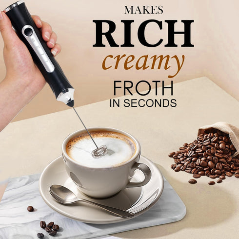 Rechargeable Milk Frother Handheld for Coffee, 3 Speeds Frother Wand with Stand, Drink Mixer Electric Handheld, Black