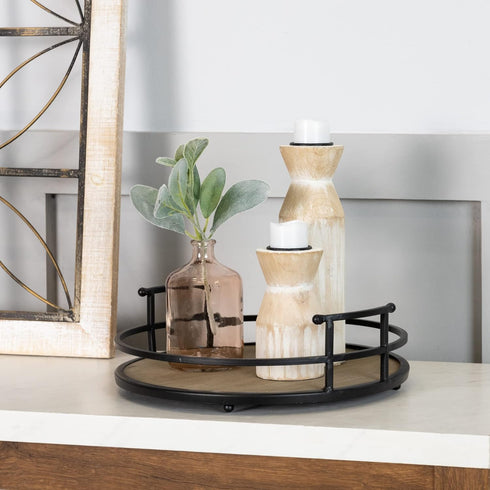 Stratton Home Decor Metal and Wood Round Tray | Wooden Coffee Table Tray Decor for Empty Table Surfaces | Decorative