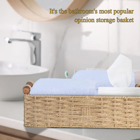 Round Paper Rope Storage Basket with Handle, Beige, 14.5in x 6.6in x 3.74in