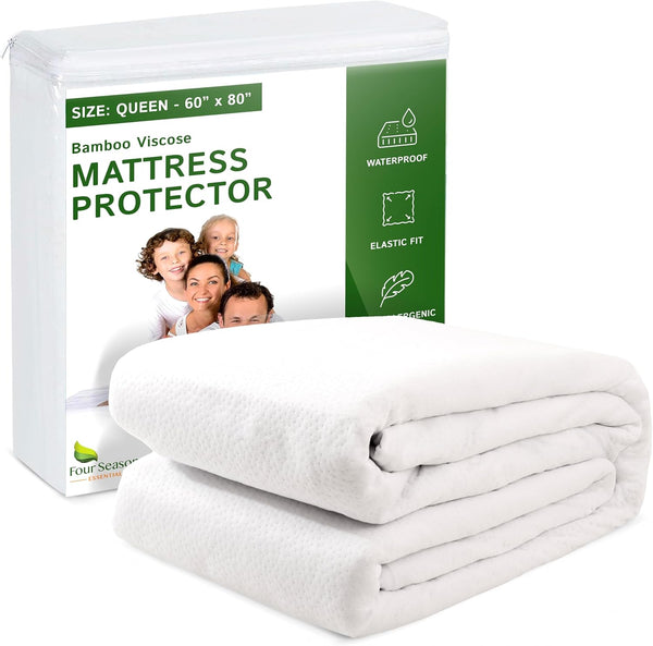 Queen Size Waterproof Mattress Protector - Four Seasons Essentials Cooling Viscose Bamboo Fitted Sheet Cover