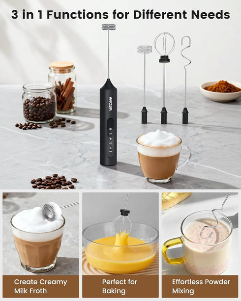 3 3 AMOSA Milk Frother Handheld with Stand, Rechargeable Frother with Speeds & Heads, Travel Frother with Case, Coffee