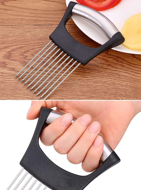 Onion Cut Tomato Slicer, Handy Kitchen Slicing Tool with 10 Even Prongs for Onion Lemon Potato Tomato Slices (Black)