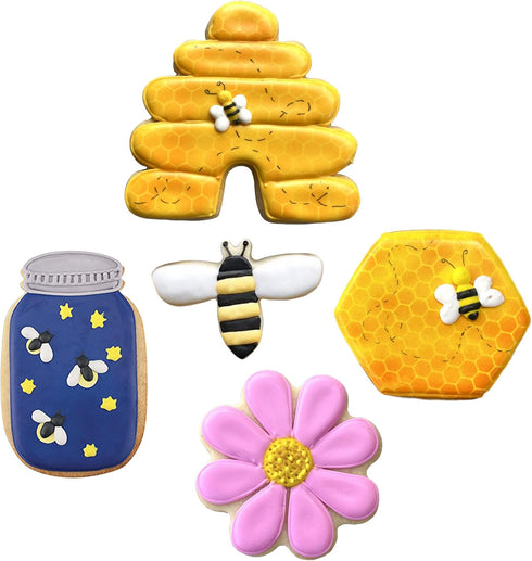Bee Cookie Cutters 5-Pc. Set Made in the USA by Ann Clark, Bee, Beehive, Small Flower, Honeycomb, Honey Jar