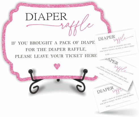 Pink Diaper Party Game Set, 50 Pcs Diaper Raffle Tickets, 1 Wooden Sign & 1 Iron Stand, Baby Shower Kit