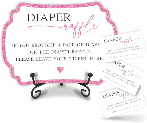 Pink Diaper Party Game Set, 50 Pcs Diaper Raffle Tickets, 1 Wooden Sign & 1 Iron Stand, Baby Shower Kit
