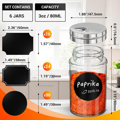 Segarty Glass Spice Jars with Labels, 6 Pack 3oz Glass Spice Bottles with 136 Blank Label Stickers and 1 Chalk Marker, Empty Spice Jars with Shaker Lid, Seasoning Containers Set for Kitchen