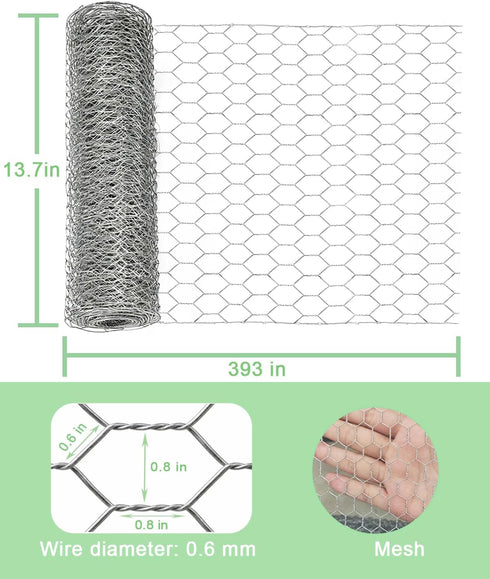 13.7" 393", 0.8 Inch vensovo Galvanized Chicken Wire Mesh Roll x Hexagonal Poultry Netting Fence for Garden, Rabbits