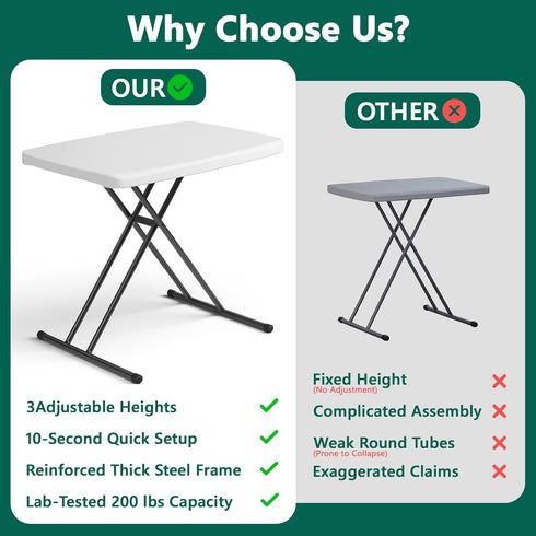 30 Inch Folding Table - Small Desk Adjustable Height TV Tray for Laptop, Couch, Camping - Heavy Duty Utility Foldable