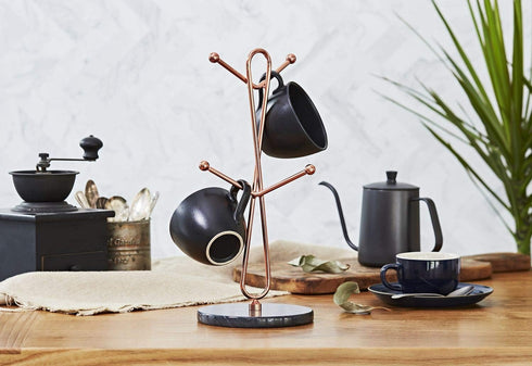 JEmarble Mug Holders with Copper Plated Standing (Black) Countertop Mug Tree, Coffee Mugs & Tea Cup Storage Rack