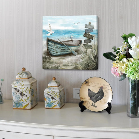 Bathroom Wall Art Coastal Décor, Nautical Boat on Beach Canvas Picture, Ocean Seagull Seascape Artwork for Living Room