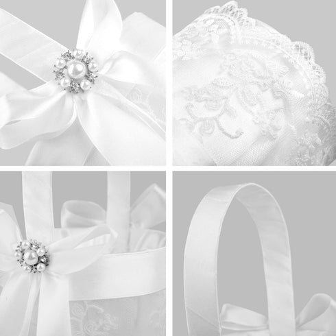 TRUE LOVE GIFT Ring Bearer Pillow and Wedding Flower Girl Basket Set, Pearl Rhinestones White Satin Lace