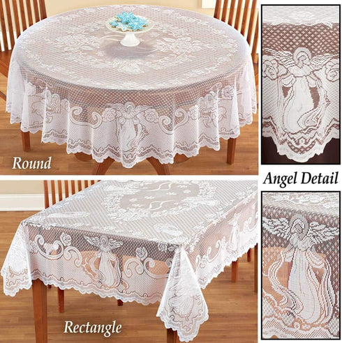 WUBODTI Christmas White Lace Rectangular Tablecloths, Floral Embroidered Angel Pattern, 60W x 84L for Baby Showers &
