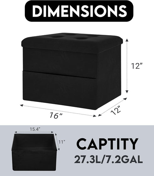 16"x12"x12" Zoes Homeware Small Storage Ottoman Foot Rest, Velvet Ottoman with Storage and Side Pocket, Black Foot Rest