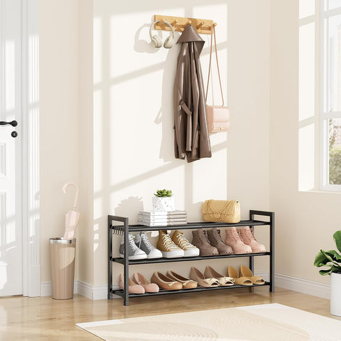 18"-33" Closet 12 3 5 LANTEFUL Adjustable Expandable Shoe Rack for Pairs Small Spaces Tier Shoe Organizer with Hooks
