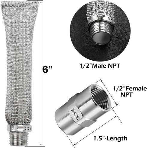6-inch Bazooka Screen Boil Screen with Pipe Fitting - Reusable Stainless Steel 304 Beer Filter Tube for Home Brewing