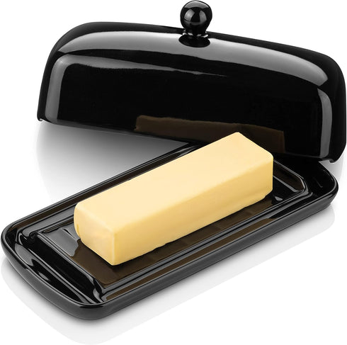 Nucookery Ceramic Butter Dish with Lid, Non-Slip Strip Design, Dishwasher Safe, Black